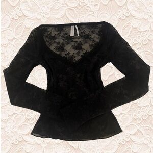 Urban Outfitters Black Floral Lace Mesh V Neck Long Sleeve